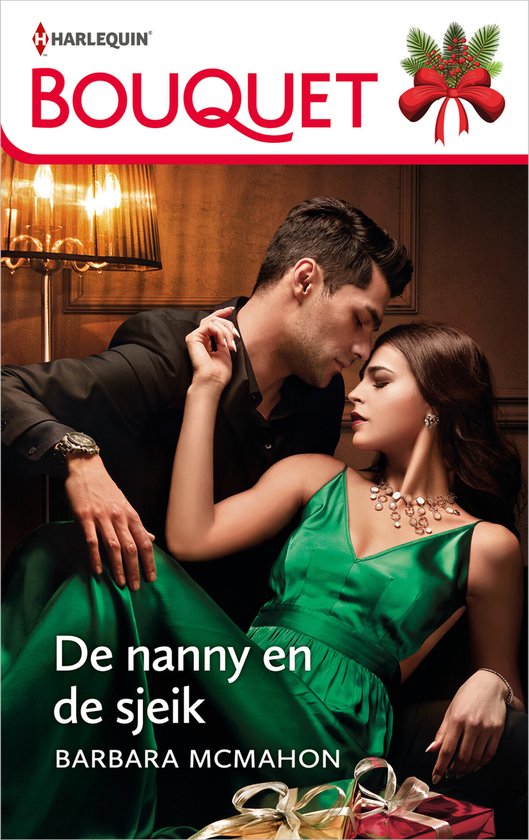 Een man in pak omhelst een vrouw in een smaragdgroene jurk. Titel: De nanny en de sjeik.