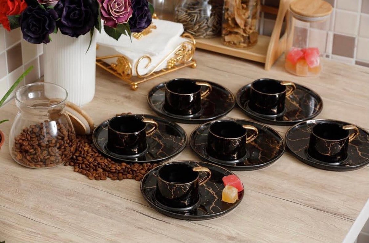 Marmerlook espresso / Turkse koffie kopjes 6 persoons, 12-delige (zwart-goud)