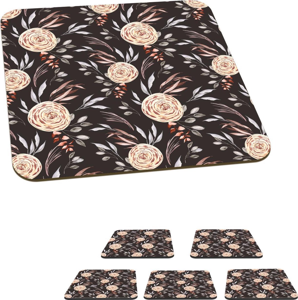 Onderzetters voor glazen - Rozen - Bruin - Patronen - 10x10 cm - Glasonderzetters - 6 stuks