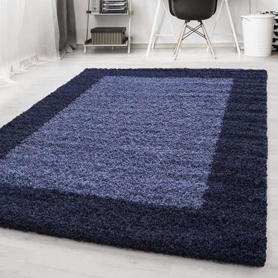 Blauw Tapijt Hoogpolig Vloerkleed Kader - 200x290cm- Modern - Woonkamer - Salon - Slaapkamer - Eetkamer