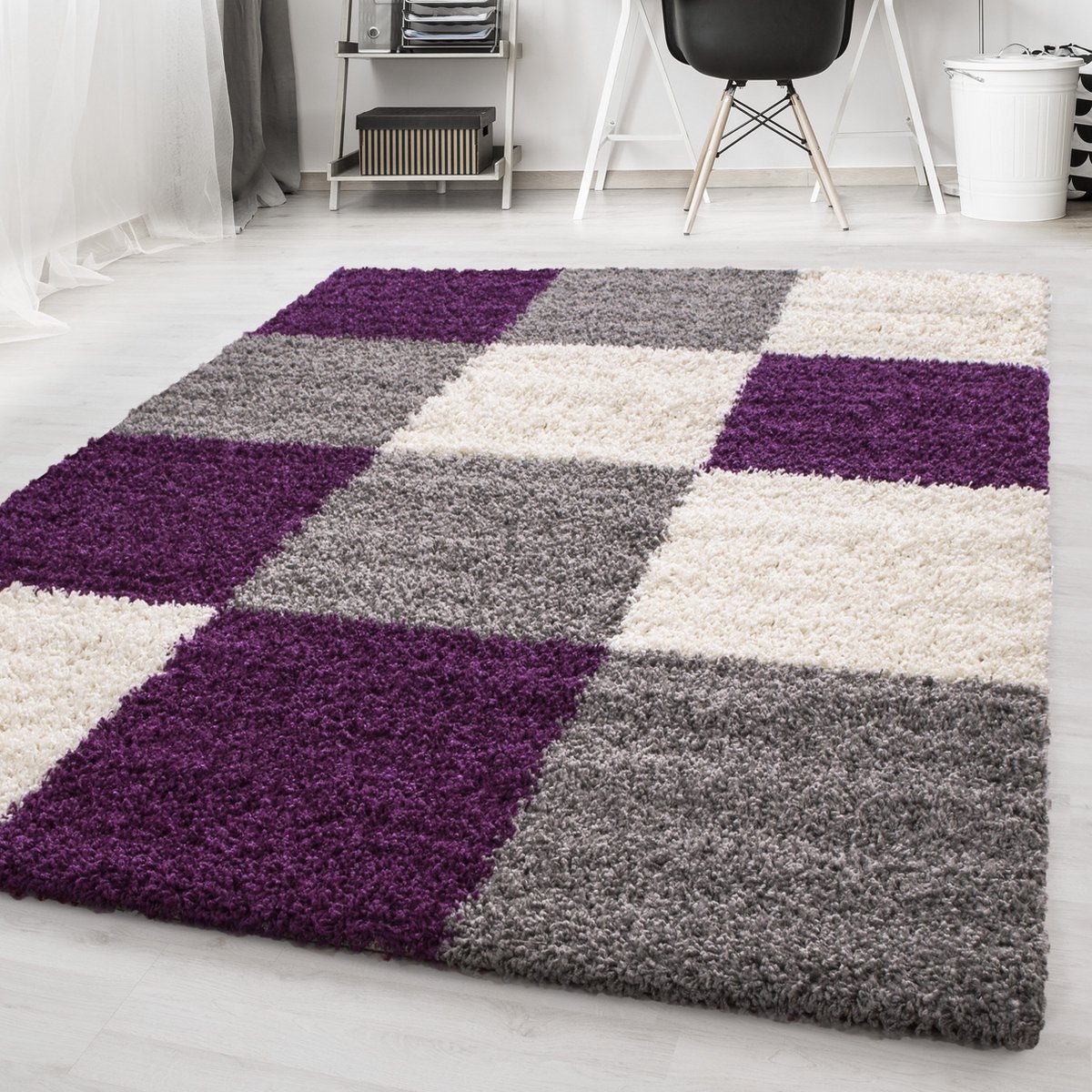 Paars Tapijt Hoogpolig Vloerkleed Blokjes - 200x290cm- Modern - Woonkamer - Salon - Slaapk