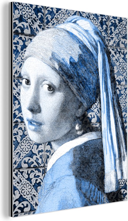 Wanddecoratie Metaal - Aluminium Schilderij - Meisje met de parel - Delfts blauw - Oude meesters