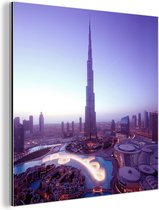 Wanddecoratie Metaal - Aluminium Schilderij Industrieel - Paarse lucht boven de Burj Khalifa - 20x20 cm - Dibond - Foto op aluminium - Industriële muurdecoratie - Voor de woonkamer/slaapkamer
