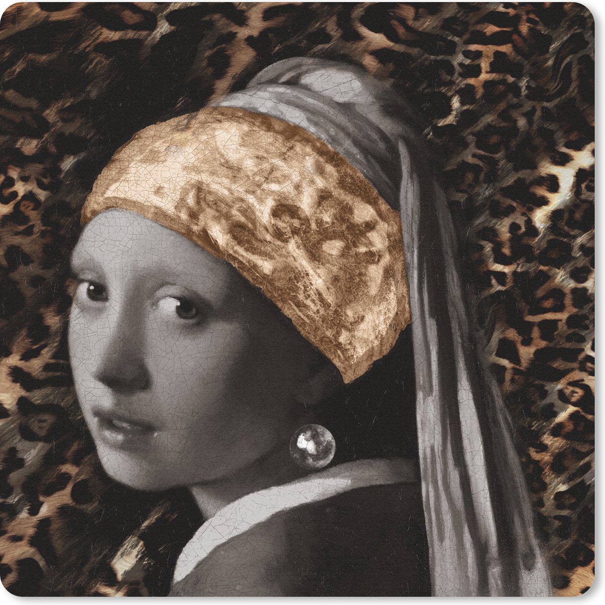 Muismat 30x30 cm - Mousepad Meisje met de parel - Bruin - Panterprint - Muismatten