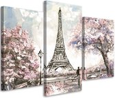 Trend24 - Canvas Schilderij - Eiffeltoren Retro - Drieluik - Steden - 90x60x2 cm - Roze