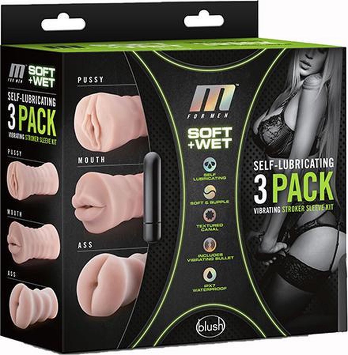 M for Men - Set Van 3 Masturbators Met Bullet Vibrator: Vagina, Anus, Mond