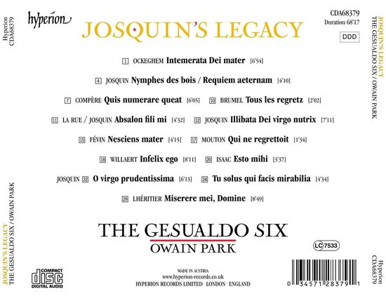 The Gesualdo Six, Owain Park - Josquin's Legacy (CD), The Gesualdo Six ...