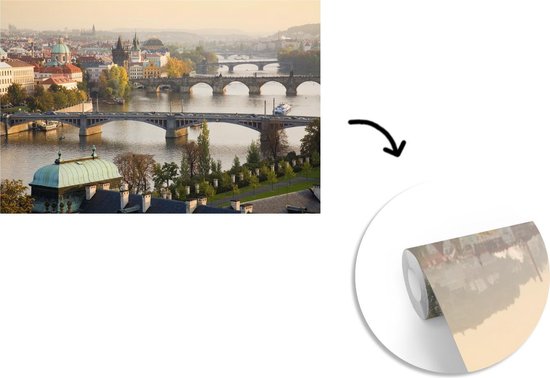 Papier peint photo peint photo vinyle - Les ponts de Prague avec un ciel gris largeur 330 cm x hauteur 220 cm - Tirage photo sur papier peint (disponible en 7 tailles)