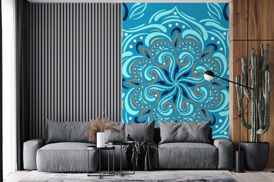 Motif abstrait d'une fleur détaillée et orange sur fond bleu 225x350 cm