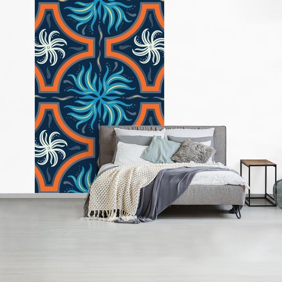 Motif carré de fleurs et feuilles bleues et blanches sur fond sombre 225x350 cm