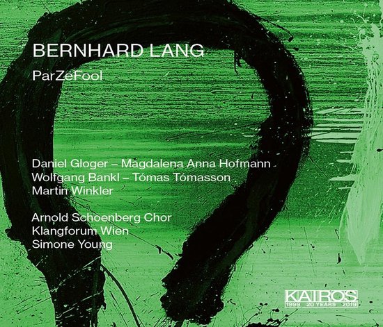 BERNHARD LANG ParZeFool artwork met een zwarte abstracte streek op een groene achtergrond.