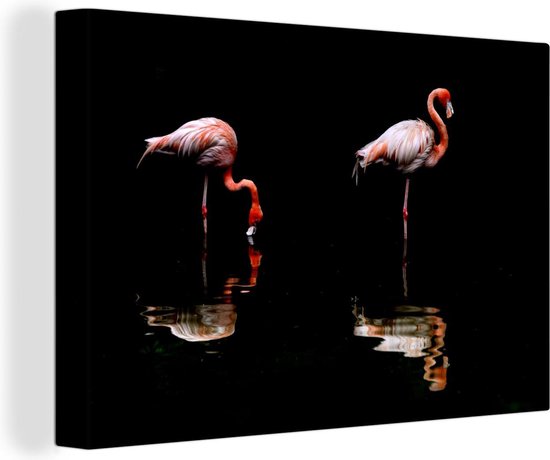 Canvas schilderij 180x120 cm - Wanddecoratie Twee flamingo's staan in het water - Muurdecoratie woonkamer - Slaapkamer decoratie - Kamer accessoires - Schilderijen