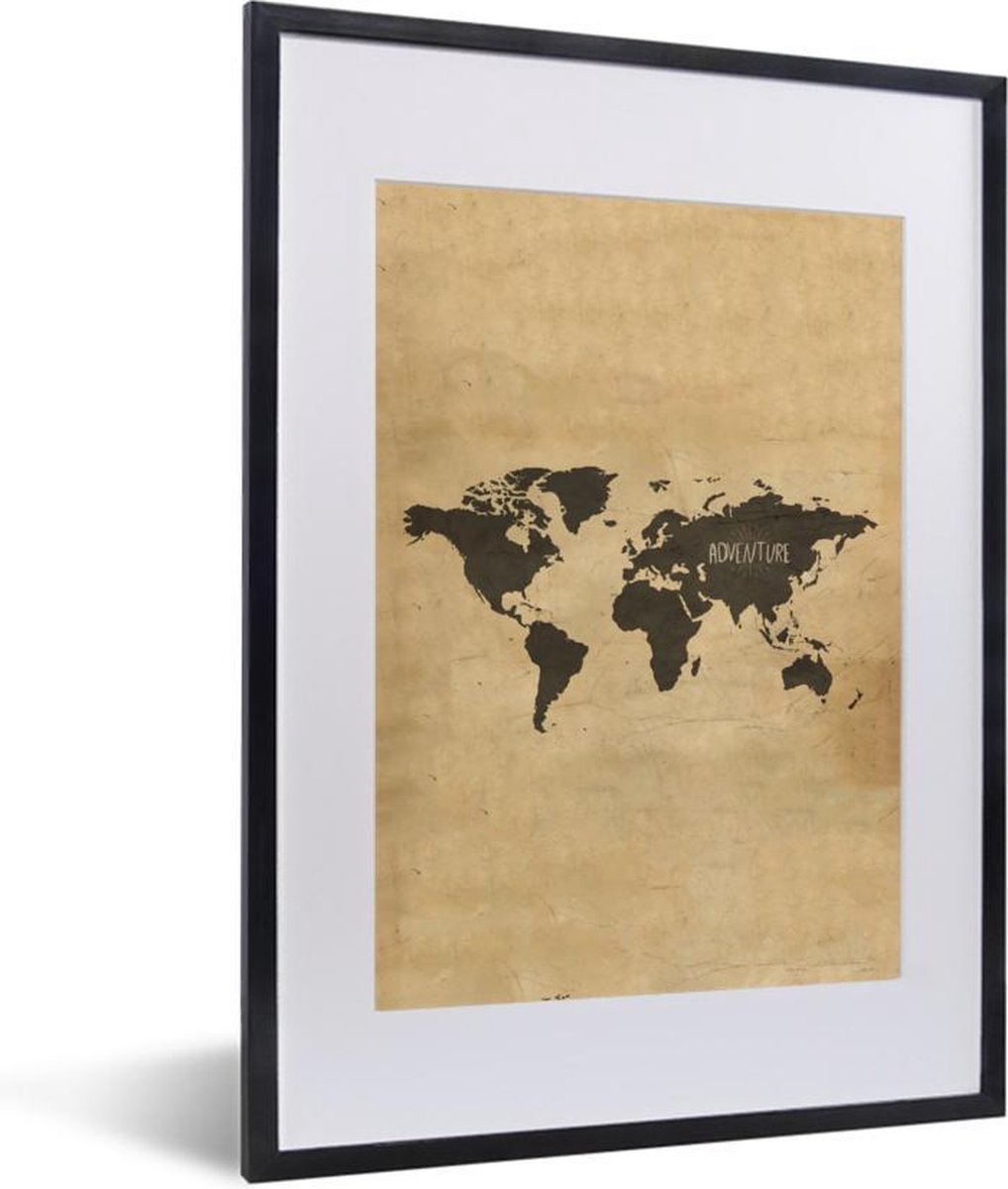 Fotolijst incl. Poster - Wereldkaart - Vintage - Papyrus - Spreuk - 30x40 cm - Posterlijst
