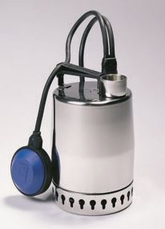 Rvs vuilwaterpomp met blauwe vlotter en zwarte handgreep. Diameter 16 cm, hoogte 36 cm.
