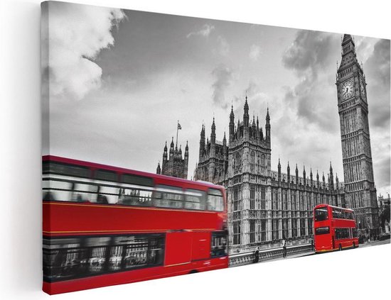 Artaza Canvas Schilderij Rode Bussen in Londen - Retro - 100x50 - Groot - Foto Op Canvas - Canvas Print