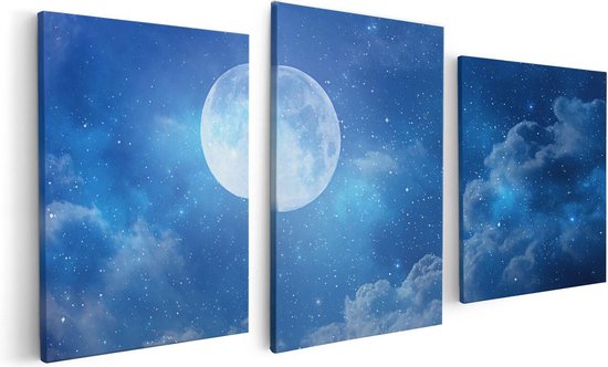 Artaza - Tableau Triptyque - Pleine Lune dans le Ciel Bleu avec Étoiles - 120x60 - Photo sur Toile - Impression sur Toile