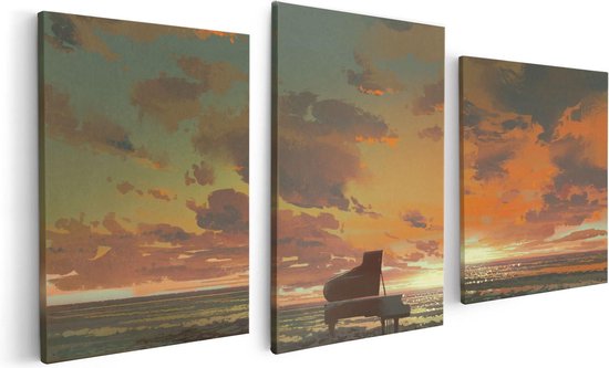 Artaza Canvas Schilderij Drieluik Piano op het Strand bij Zonsondergang - 120x60 - Foto Op Canvas - Canvas Print