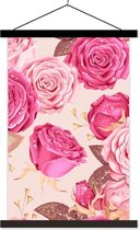 Posterhanger incl. Poster 40x60 cm - Schoolplaat - Rozen - Bladeren - Roze - Druppels - Textielposter - Zwarte latten