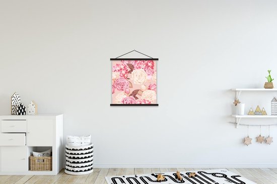 Posterhanger incl. Poster 40x40 cm - Schoolplaat - Rozen - Glitter - Roze - Wit - Textielposter - Zwarte latten