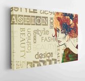 Canvas schilderij - Art colorful sketched beautiful girl face in mixed media style with red and black floral curly hair on sepia background with word fashion, style, model, design