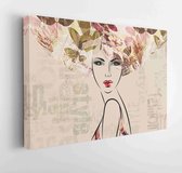 Canvas schilderij - Art colorful sketched beautiful girl face in mixed media style with brown, red, orange and old gold floral curly hair on sepia background with word fashion, sty