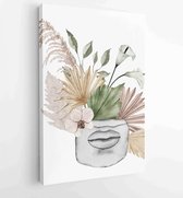 Canvas schilderij - Watercolor antique marble statue of lips face with boho flowers, dried tropical palm leaf isolated isolated illustration sculpture -  Productnummer 1728214282 -