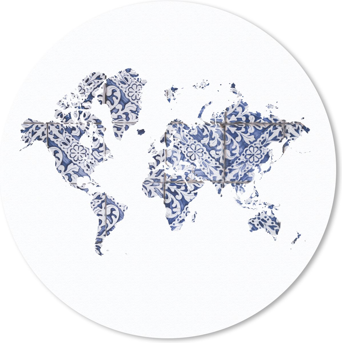Muismat rond 30x30 cm - Mousepad Wereldkaart - Delfts Blauw - wit - Ronde muismatten