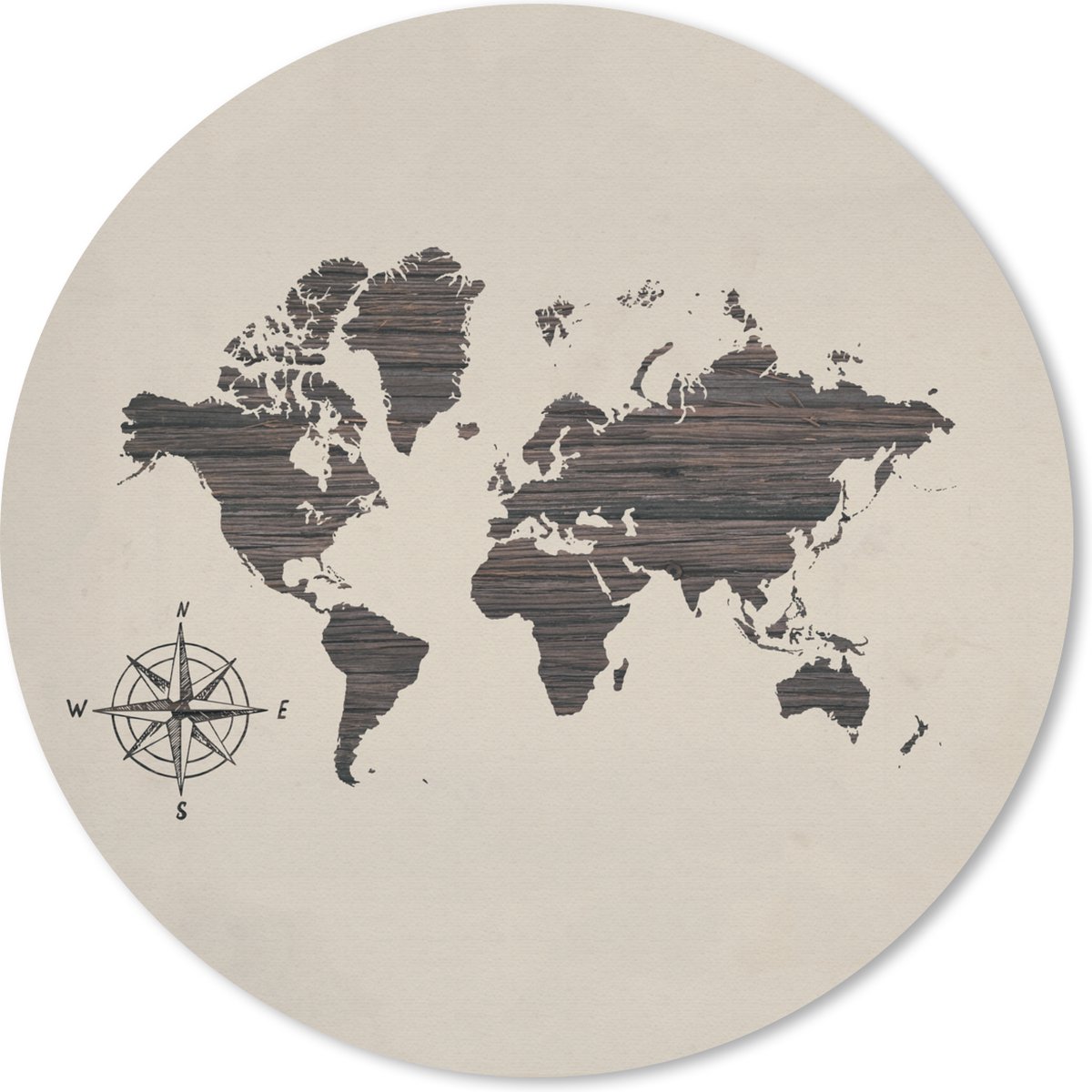 Muismat rond 20x20 cm - Mousepad Wereldkaart - Hout - Kompas - Ronde muismatten