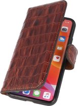 Krokodil Handmade Lederen Book Case Telefoonhoesje - Wallet Case - Portemonnee Hoesje voor iPhone 13 Pro Max - Mocca