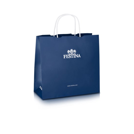 Blauwe papieren draagtas van Festina met witte logo's en handvatten.