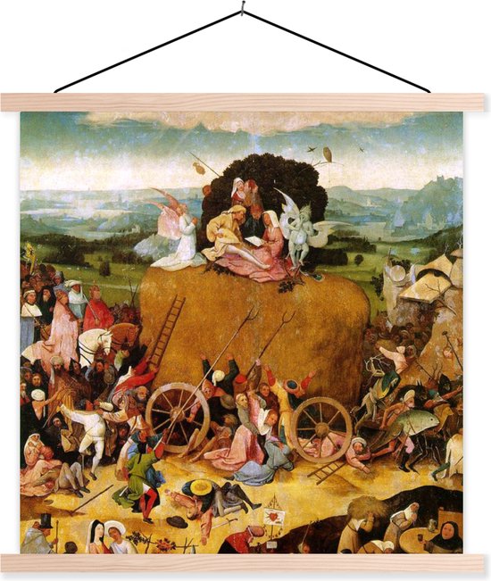 Posterhanger incl. Poster - Schoolplaat - Haywain central panel of the triptych - schilderij van Jheronimus Bosch - 60x60 cm - Blanke latten