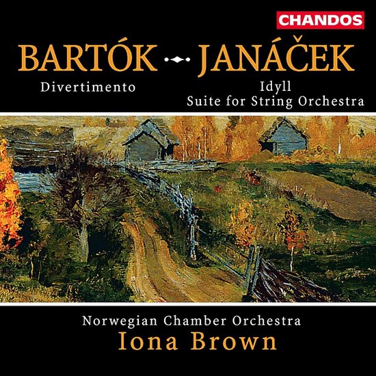 Albumcover met een schilderachtige voorstelling van houten gebouwen in een herfstlandschap, met de tekst 'Bartók...Janáček' en 'Norwegian Chamber Orchestra Iona Brown'.