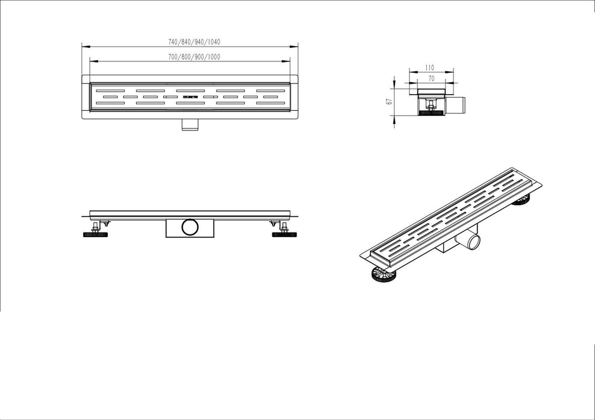 Mat goud Douchegoot compleet met flens 100x7x6,7cm Standaard rooster