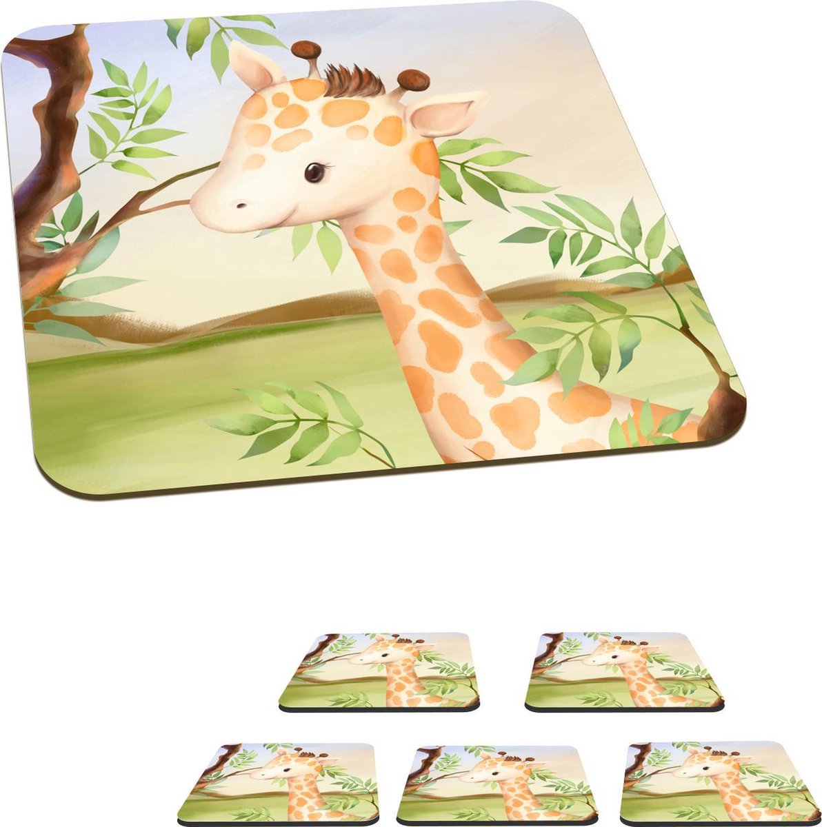 Onderzetters voor glazen - Jungle - Giraf - Bladeren - 10x10 cm - Glasonderzetters - 6 stuks