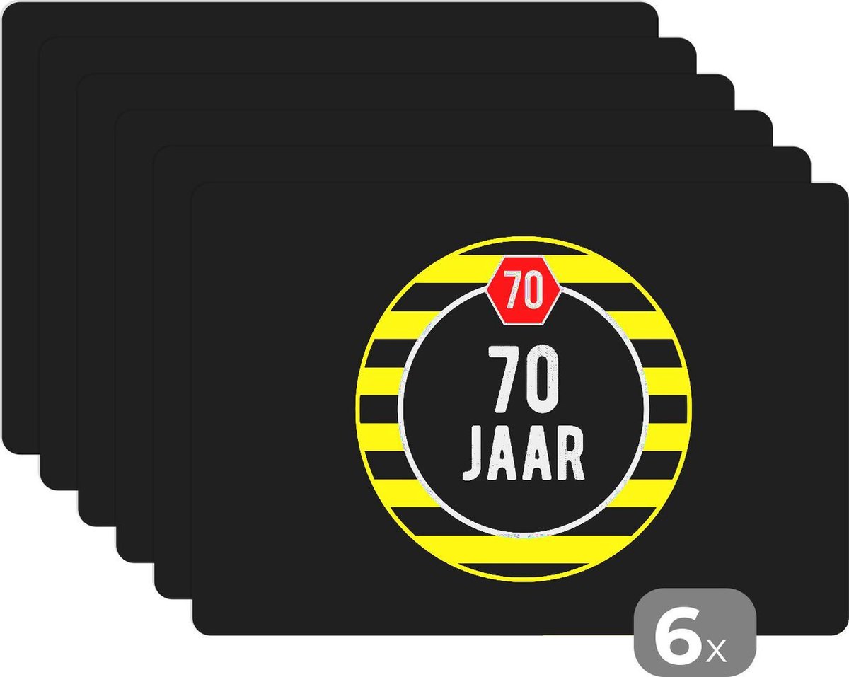 Placemat - Placemats kunststof - Jubileum - Zwart - Geel - 70 jaar - 45x30 cm - 6 stuks - Hittebestendig - Anti-Slip - Onderlegger - Afneembaar
