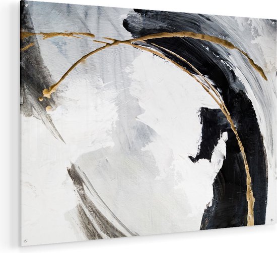 Artaza Glasschilderij - Abstracte Kunst - Wit met Zwart en Goud - 100x75 - Groot - Plexiglas Schilderij - Foto op Glas