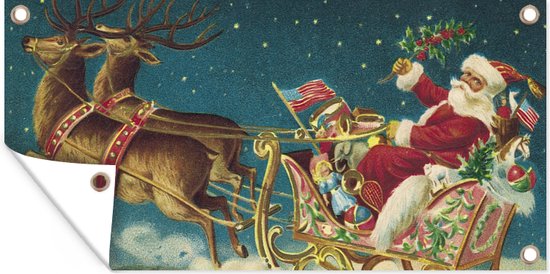 Tuinposter Kerstmis - Winter - Vintage - 80x40 cm - Wanddecoratie Buiten - Tuinposter - Tuindoek - Schuttingposter - Tuinschilderij