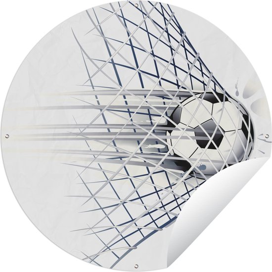 Tuincirkel Een illustratie van een voetbal die het doel in gaat - Jongetjes - Meisjes - Kids - 120x120 cm - Ronde Tuinposter - Buiten XXL / Groot formaat!