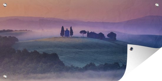 Tuinposter Mist - Natuur - Pastel - Toscane - 80x40 cm - Wanddecoratie Buiten - Tuinposter - Tuindoek - Schuttingposter - Tuinschilderij