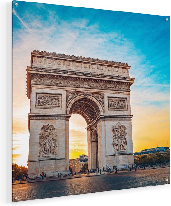 Artaza Glasschilderij - Arc De Triomphe In Parijs Met Zonsondergang - 70x70 - Plexiglas Schilderij - Foto op Glas