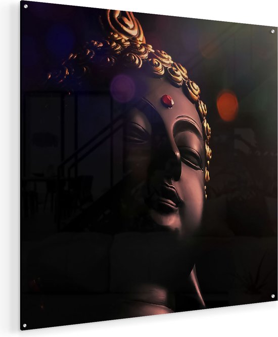 Artaza Glasschilderij - Boeddha Beeld Met Gouden Sierraden - Plexiglas Schilderij - Foto op Glas