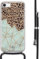 iPhone 8/7 hoesje met koord - Luipaard marmer mint | Apple iPhone 8 crossbody case | Zwart, Transparant | Luipaardprint