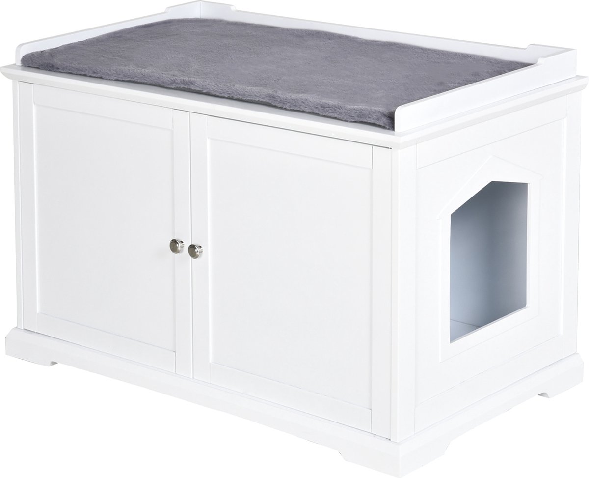 PawHut Kattentoilet, Meubel, Kattenbakvulling, Deuren, Bijzettafel Voor Huisdieren Zandlekmat 2 Ventilatiegaten Scandinavische Stijl Natuurlijk En Wit 1487397279
