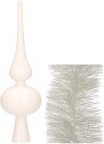 Kerstversiering glazen piek glans 26 cm en folieslingers pakket winter wit van 3x stuks - Kerstboomversiering