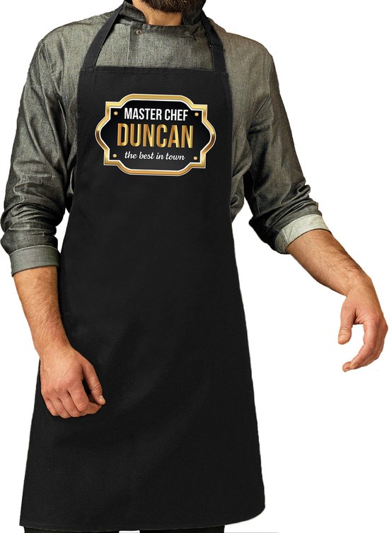 Naam cadeau master chef schort Duncan zwart - keukenschort cadeau