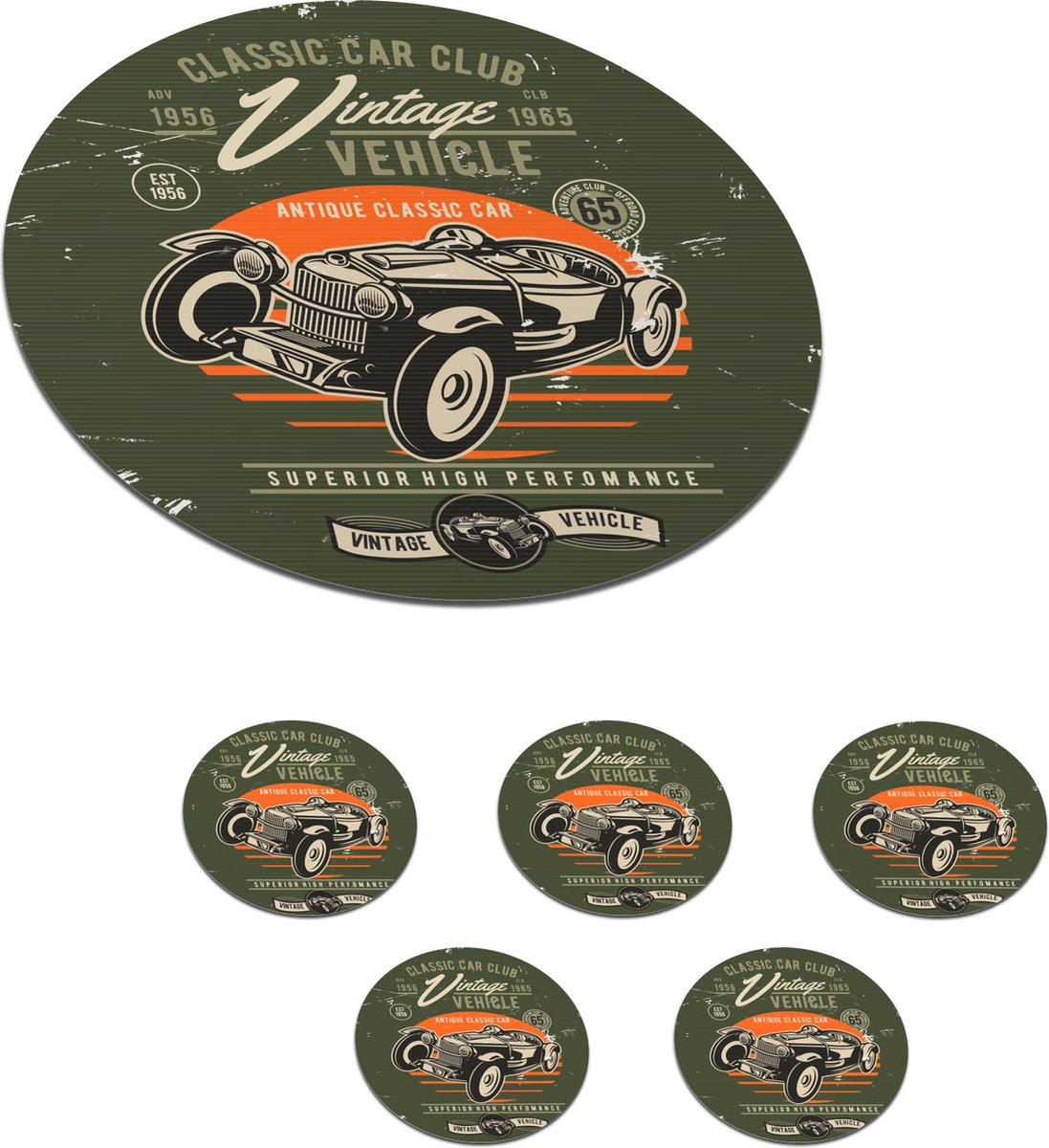 Onderzetters voor glazen - Rond - Vintage - Oldtimer - Auto - 10x10 cm - Glasonderzetters - 6 stuks