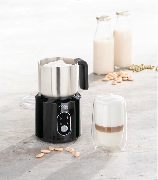 Caso Crema & Choco Black, melkopschuimer voor koemmelk en plantaardige melk, koud en warm melkschuim, 350 ml, roestvrijstaal/Zwart