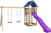 Houten Speeltoestel Jonas (SwingKing) | Speeltoren met Glijbaan, Dubbele Schommel en Zandbak | Voor Buiten in de Tuin | FSC Hout - Glijbaan Paars