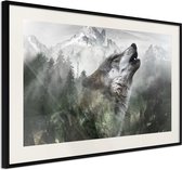 Ingelijste Poster - Huilende Wolf in de bergen,  Zwarte lijst met passe-partout
