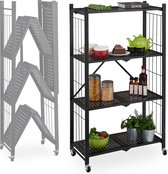 Relaxdays keukentrolley inklapbaar - 4 etages - metalen keukenrek op wielen - serveerwagen - zwart